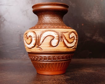 Vintage Ceramic Vase, Handmade, Multicolor, Farmhouse Style, 14 cm Tall,