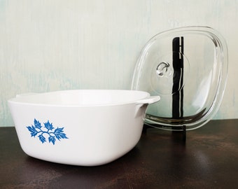 Pot en céramique Pyroflam Pf-4B vintage avec couvercle, motif feuille blanche/bleue, couvercle en verre transparent, cocotte