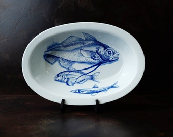 Plat de poisson vintage Français Limoges, fabriqué en France, blanc/bleu, 27x18x6 cm, avec motif poisson, 744g, vaisselle,