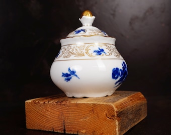 vintage Schumann Arzberg Allemagne Sugar Bowl avec couvercle | Rose bleue florale dorée | Excellent état | Fabriqué en Allemagne | Bol en porcelaine avec couvercle