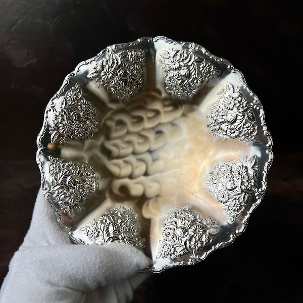 Vintage Silver Plated Bowl, Reichhart, W-Germany, Floral Pattern, Polished Center, 3 Ball Feet, S.P. Brass Marking