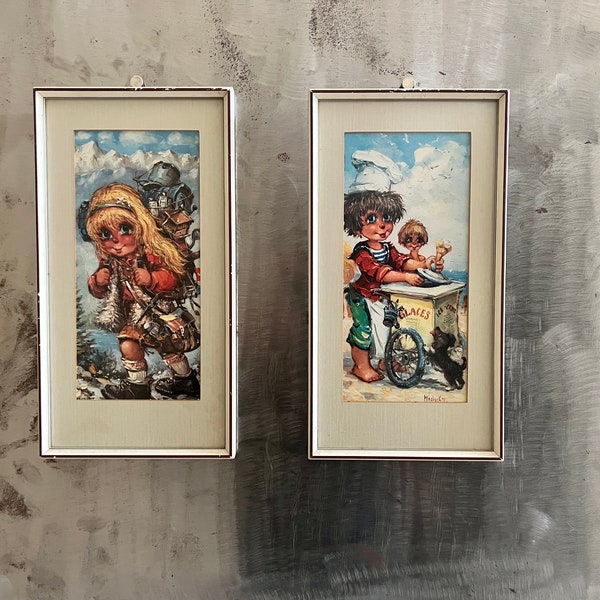 Vintage Michel Thomas Big Eyes Children Art Prints Set of 2