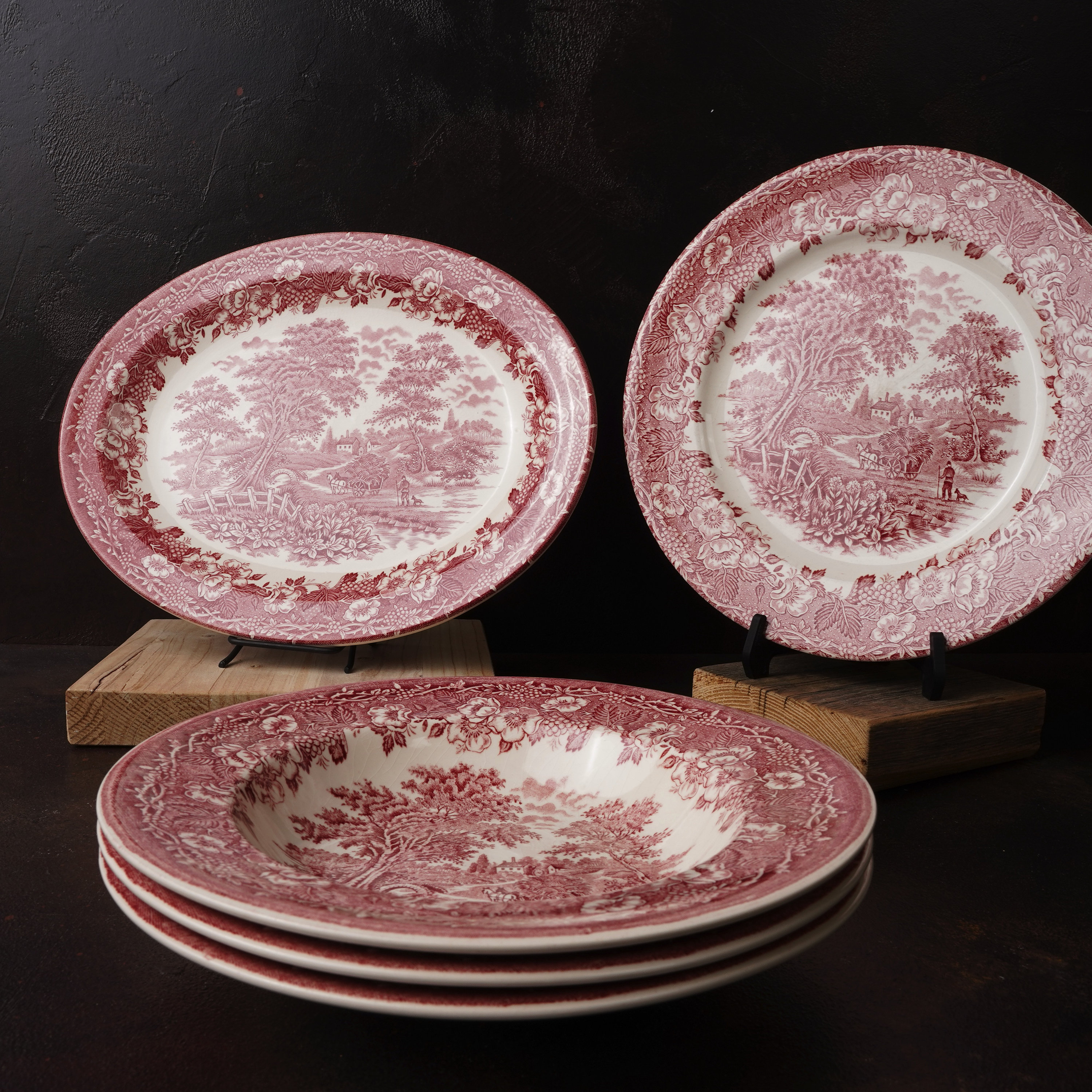Vintage English Ironstone Tableware | Serving Plate, Diner Plate or Soup Plate with Floral, Hay Wagon, Farmhouse and Landscape Motif