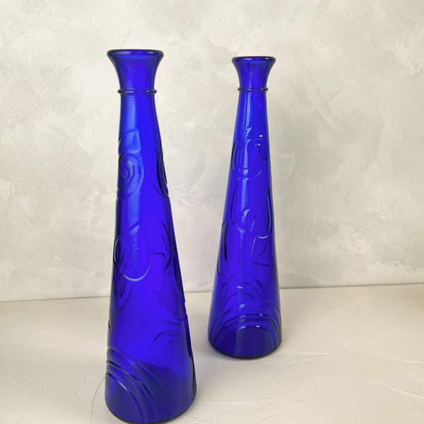 Decorative Cobalt Blue Glass Bottle Set of 2 - Vintage Collectibles - Cone Shaped - 80's