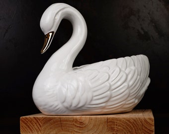 Cisne de cerámica vintage | Jardineras | estatuilla | Decoración del hogar | Moderno de mediados de siglo | Forma de cisne grande | Cisne blanco | Pico de oro | 683g