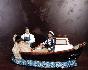 Hand-Painted Maritime Figurine, Two Fishermen in Boat, Coastal Décor, Nautical Décor, Beach House Décor, Ocean Theme, Seaside Decoration