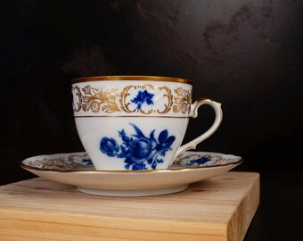 Vintage Schumann Arzberg Germany Coffee/Tea Cup & Saucer | Gold Floral Blue Rose | Excellent Condition | Made in Germany | Porcelain Set