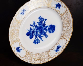 Plato llano vintage Schumann Arzberg Alemania | Rosa azul floral dorada | Excelente estado | Fabricado en Alemania | Plato de Porcelana | Ø 23,5 cm