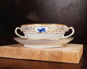 Vintage Schumann Arzberg Germany Soup Bowl & Saucer | Gold Floral Blue Rose | Excellent Condition | Made in Germany | Porcelain Set