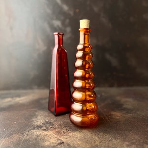 Vintage Set of 2 Decorative Vases - Red Square Vase - Orange Ribbed Round Vase -