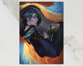 May include: Art print featuring a stylized portrait of a person with teal hair and yellow eyes, holding a paintbrush. The artwork has a dark color palette with accents of teal, gold, and orange. The artist's signature, "LUHUALA", is visible in the lower right corner.
