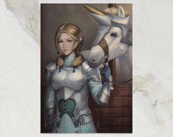May include: A woman in silver armour stands next to a white unicorn with a gold horn. She is holding the unicorn's reins in her gloved hand. The unicorn is wearing a silver helmet and a brown bridle.