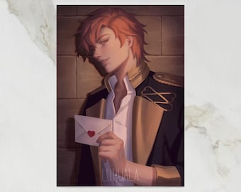 May include: A man with red hair and a smirk is holding a white envelope with a red heart on it. He is wearing a dark jacket with gold accents and a white shirt.