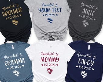 Camisetas personalizadas de "Ascenso a Familia", "Ascenso a Mamá", camisetas familiares divertidas con anuncio de embarazo, camiseta personalizada de "Mamá Est. 2026"