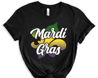 Camiseta de Mardi Gras con flor de lis, ropa colorida de Mardi Gras, camisetas del Martes Gordo, Mardi Gras, camiseta, camiseta de carnaval, atuendos de Nueva Orleans