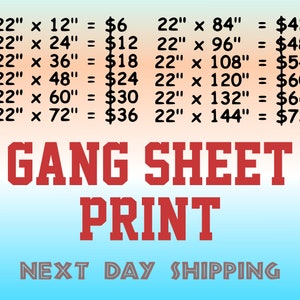 May include: A price chart for gang sheet printing, with prices listed for different sizes of sheets in inches. The chart is on a gradient background of pink, orange, and blue. The text "GANG SHEET PRINT" is in large red letters below the chart. The text "NEXT DAY SHIPPING" is in gray letters below the text "GANG SHEET PRINT".