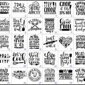 Peut inclure: Un ensemble de 30 images carr&eacute;es en noir et blanc avec des citations et des illustrations sur le th&egrave;me de la cuisine. Les images pr&eacute;sentent des dictons comme "Faites plaisir &agrave; quelqu'un en cuisinant", "Ne vous &eacute;nervez pas", "Roulez avec le courant", "Vivez, aimez, cuisinez" et "Levez-vous et brillez, c'est l'heure du caf&eacute;".
