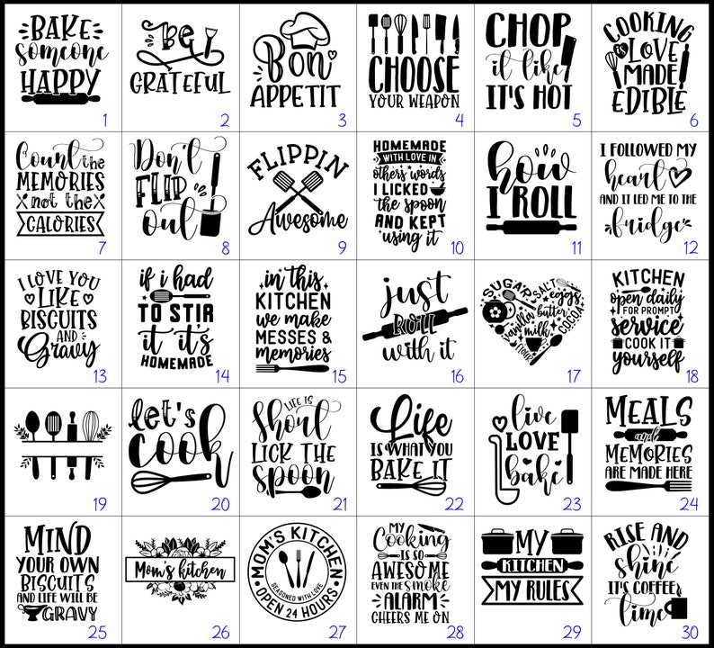 Peut inclure: Un ensemble de 30 images carr&eacute;es en noir et blanc avec des citations et des illustrations sur le th&egrave;me de la cuisine. Les images pr&eacute;sentent des dictons comme "Faites plaisir &agrave; quelqu'un en cuisinant", "Ne vous &eacute;nervez pas", "Roulez avec le courant", "Vivez, aimez, cuisinez" et "Levez-vous et brillez, c'est l'heure du caf&eacute;".