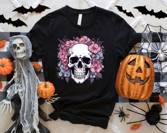 Halloween Skull Shirt For Girls, Halloween Floral Shirt, Cute Skeleton Shirt, Funny Halloween V-neck Tee For Women, Sartastic Shirt