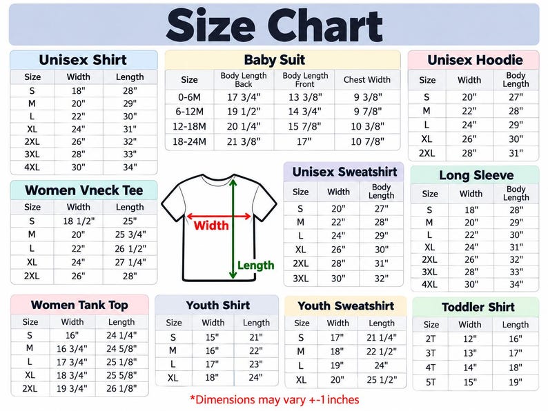The image is a size chart that provides measurements and corresponding sizes for various types of clothing, including a baby suit, a unisex shirt, a unisex hoodie, a women's tank top, a youth shirt, and a toddler shirt. The chart includes a visual representation of the measurements, such as waist, chest, back, and length, along with the corresponding sizes for each category. The chart also includes a note that dimensions may vary +1 inches.