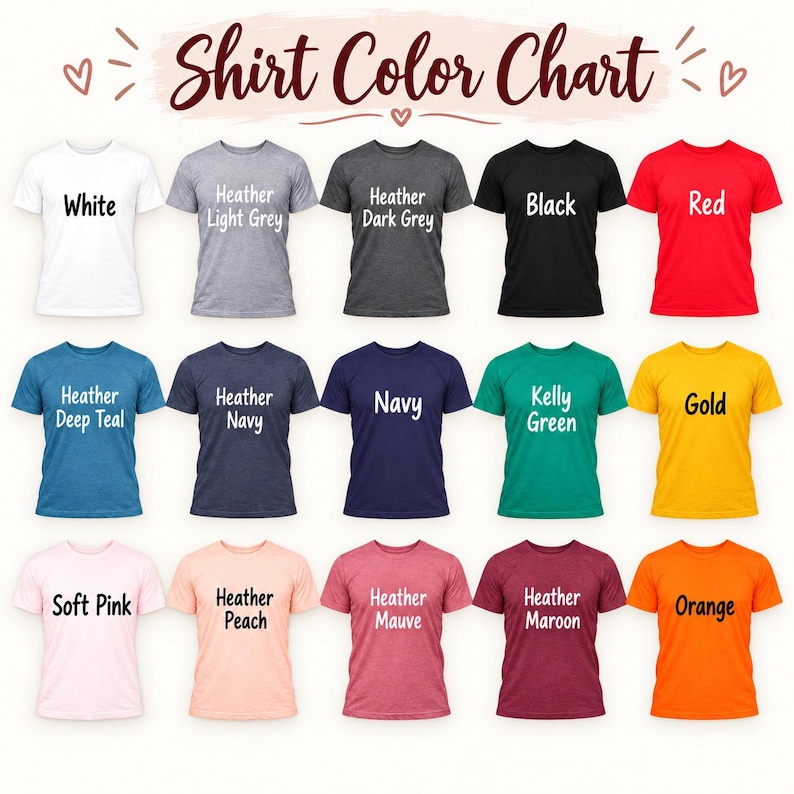 a collection of t-shirts in various colors, including white, light grey, dark grey, black, red, blue, navy, green, yellow, gold, pink, peach, maroon, and orange.