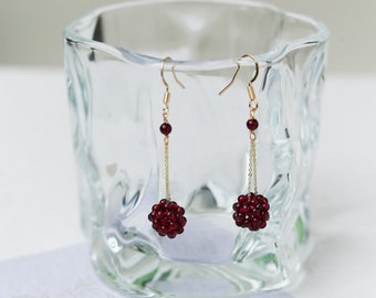 Glamorous Garnet Hoop Earrings: Handmade Spherical Design, Red Gemstone, Bridemaids Gift, Formal Accessories