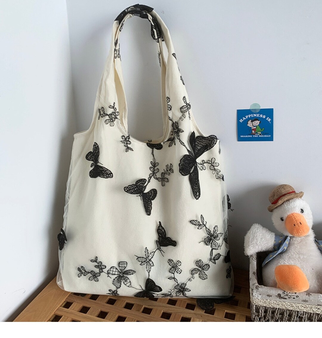 Butterfly Embroidered Cotton Canvas Tote Bag – Minimal & Eco-Friendly(BD-04)