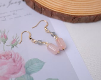 Radiant Elegance: Handmade Labradorite Moonstone and Pink Crystal Barrel Bead Drop Earrings - Rose Quartz, Dainty Design, Marquise Shape