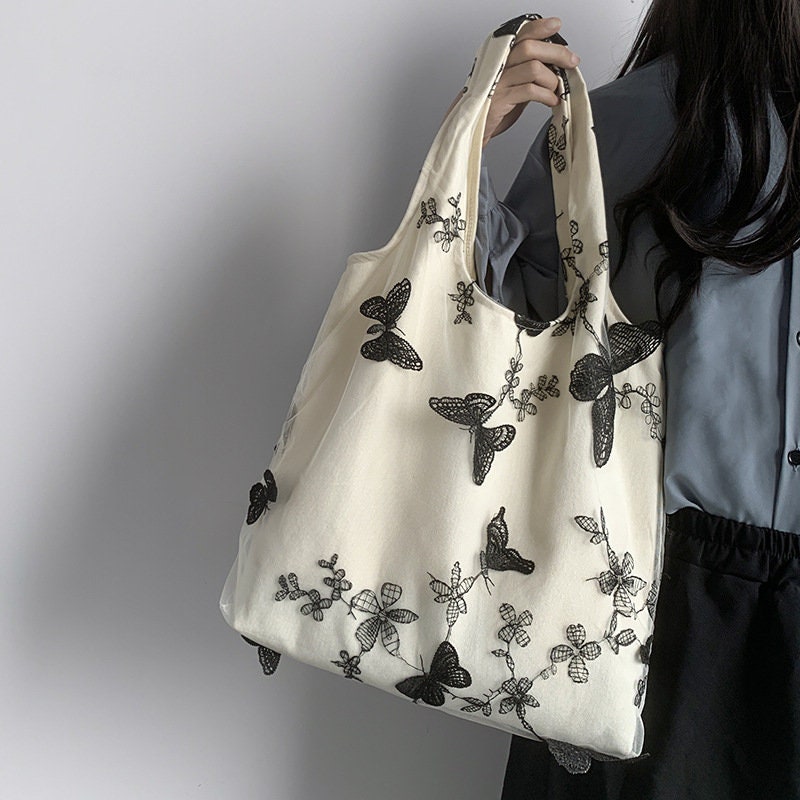 Butterfly Embroidered Cotton Canvas Tote Bag – Minimal & Eco-Friendly(BD-04)