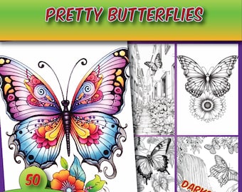 50 Butterflies Coloring Pages ,grayscale coloring sheets, adults coloring book,instant download printable pdf