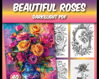 40 páginas para colorear de un jardín de rosas para niños y adultos - Descarga instantánea en PDF en escala de grises