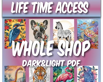 Può includere: Un download digitale di pagine da colorare con una varietà di animali, tra cui un uccello, un cane, una zebra, una tartaruga, un dinosauro, una tigre, un fenicottero e un pappagallo. Il download include versioni scure e chiare di ogni pagina. Il testo "LIFE TIME ACCESS WHOLE SHOP DARK&LIGHT PDF" è visualizzato sull'immagine.