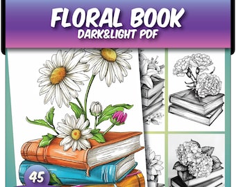 45 Floral Books Coloring Pages,Floral Grayscale  Coloring Pages,Books Grayscale Coloring Book,Instant Download PDF