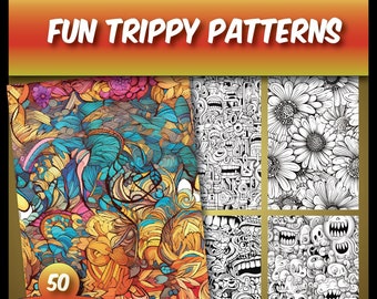 Trippy Coloring Book Bundle - 50 Seamless Patterns for Adults, Psychedelic Pages, Printable Sheets, Grayscale Coloring Pages