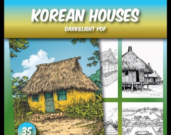 35 Unique Korean Houses Coloring Pages, Grayscale Coloring Pages, Architecture Coloring Book, Korean Landscape Coloring Pages