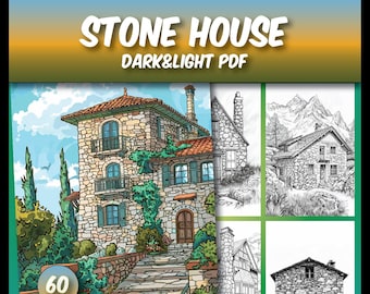 Tranquil Retreats:45 Stone House Coloring Pages for Stress Relief & Relaxation,Adults Coloring Book,Instant Download PDF,grayscale coloring