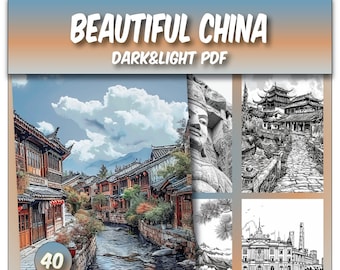 May include: A coloring book featuring 40 pages of detailed illustrations of Chinese architecture and landscapes. The cover features a colorful image of a traditional Chinese village with a river running through it. The title of the book is "Beautiful China Dark & Light PDF".