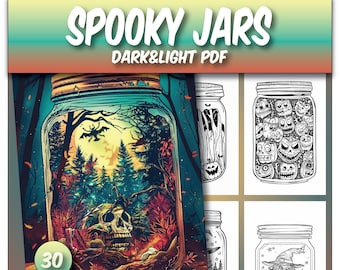 30 Spooky Jars Coloring Pages, Halloween Coloring Pages, Grayscale Spooky Coloring Book, Instant Download PDF