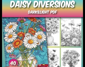 Daisy Diversions-40 épanouissement de pages à colorier florales, livre de coloriage pour adultes en niveaux de gris, téléchargement immédiat pdf, feuilles à colorier pour enfants