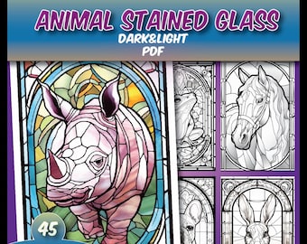 45 Animal Stained Glass Coloring Pages for Adults, Mindful Therapy Coloring Sheets,Glass Art Printable Coloring Book,Mosaic Grayscale PDF