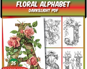 Floral Alphabet: 26 Grayscale Floral alphabet Coloring Collection for Relaxation and Inspiration,Adults  Coloring Pages,Instant Download PDF