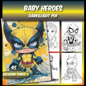 Tiny Titan:A Collection of 45 Baby Superhero Coloring Pages,Adults Grayscale marvel Coloring Book,Comics coloring sheet,Instant Download PDF
