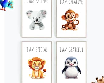 May include: Four framed art prints with animal illustrations and positive affirmations. The prints feature a koala, monkey, lion, and penguin, each accompanied by the phrases "I AM PATIENT," "I AM CREATIVE," "I AM SPECIAL," and "I AM GRATEFUL."