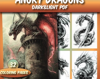 32 Angry Dragons Coloring Pages, Grayscale Coloring Sheets, Adults Coloring Book, Dragon Coloring Pages, Dragons Printable, Dragons Coloring