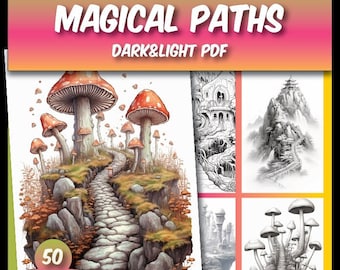 50 magical paths coloring pages ,greyscale coloring pages for adults,adults fantasy coloring book,printable pdf