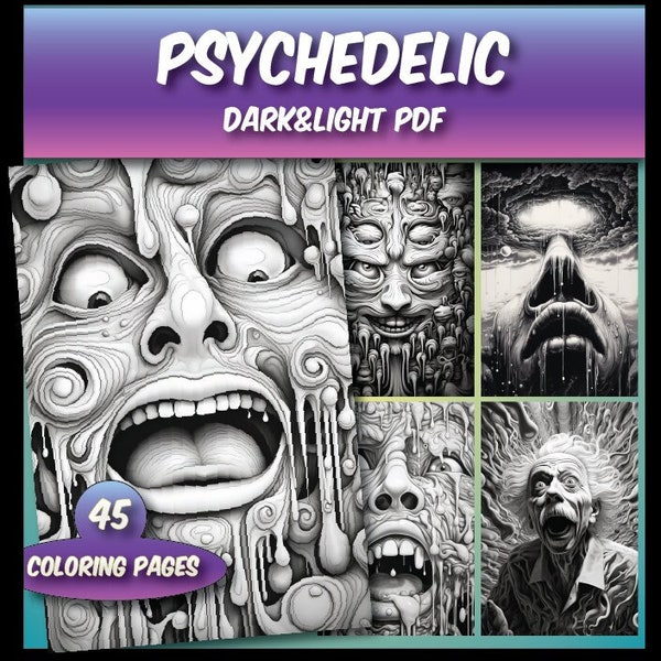 45 Trippy psychedelic coloring pages for adults, dripping faces coloring sheets,trippy printable coloring book, psychedelic grayscale pages