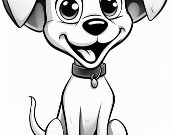 May include: A black and white cartoon illustration of a happy puppy sitting with its tongue sticking out. The puppy has big eyes and a collar with a tag.