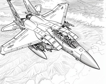 Może przedstawiać: Czarno-biały rysunek myśliwca F-15 Eagle lecącego nad górzystym krajobrazem. Samolot jest w powietrzu, ze skrzydłami rozłożonymi i nosem skierowanym w stronę widza. Rysunek jest szczegółowy i realistyczny, przedstawiający kabinę pilota, silniki i uzbrojenie samolotu.