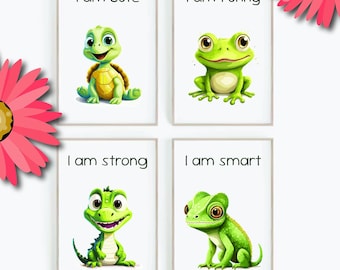 May include: Four printable cards featuring green cartoon animals with positive affirmations. The cards say "I am cute", "I am funny", "I am strong", and "I am smart".
