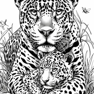 Puede incluir: Una ilustraci&oacute;n en blanco y negro de una madre jaguar y su cachorro. La madre jaguar est&aacute; tumbada con la cabeza apoyada en las patas. El cachorro est&aacute; acurrucado contra el costado de su madre. Ambos jaguares tienen un patr&oacute;n manchado.